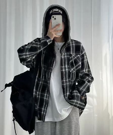 재고 있음 한국 스타일 체크무늬 후드 셔츠