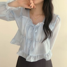 批发有货 <b class='q'>韩国</b>东大门秋季复古温柔方领系带木耳荷叶边长袖衬衫上衣女