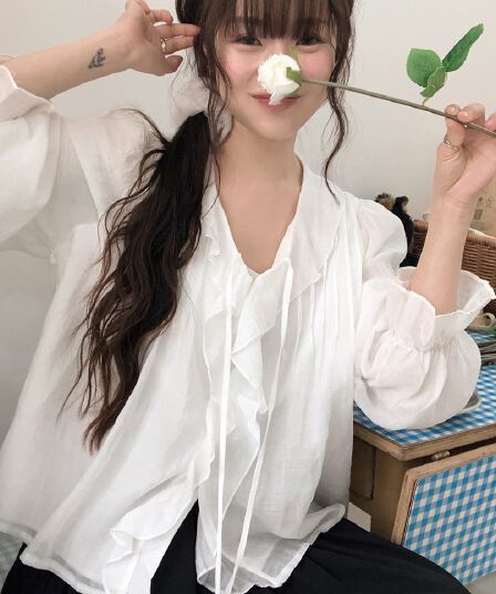 봄 가을 연령 감소 달콤한 스타일 무거운 작업 플리츠 프릴 리본 얇은 스타일 여성 셔츠 루즈핏 다용도 나팔 소매 맨위