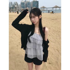批发有货   <b class='q'>韩国</b>ins   小众层叠褶皱花边雪纺甜美吊带背心