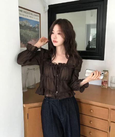 chic 한 부서 프랑스식 달콤함 연령 감소 부드러운 프릴 주름 장식 허리 수축 쉬폰 자외선 차단 셔츠 맨위