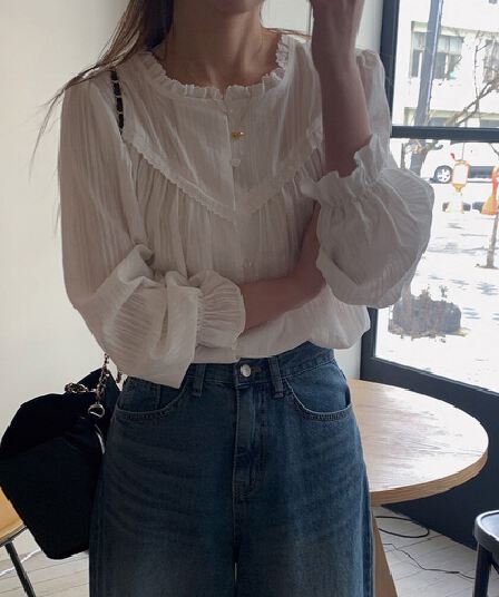 재고 있음 한국 chic 프랑스식 품격 레이스 레이스 칼라 여성 셔츠 작은 키 부드러운 바람 Chic 인사이드 가져 가라. 셔츠