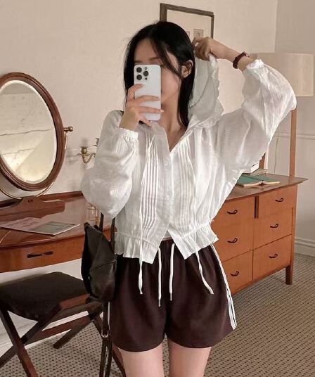 한국 chic 플리츠 패치워크 프릴 후드 여성 셔츠