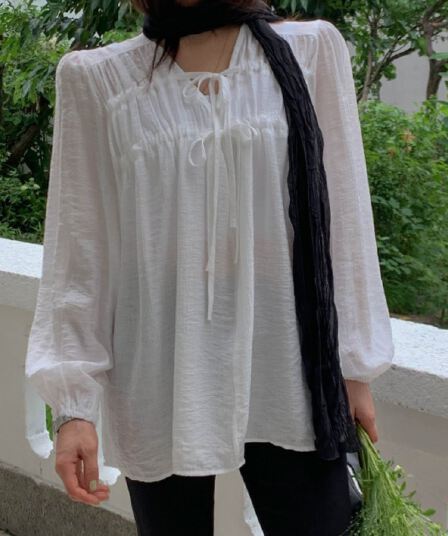 가을 한국 새로운 섹시함 V넥 펌프 로프 주름 루즈핏 캐주얼 긴팔 여성 셔츠