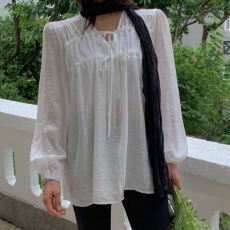 批发秋季<b class='q'>韩国</b>新款性感V领抽绳褶皱宽松休闲长袖衬衫女