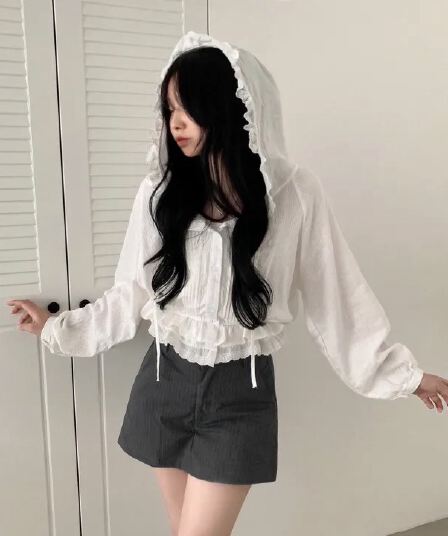 재고 있음 프랑스식 디자인 허리밴드 허리 수축 후드 레이스 긴팔 여성 셔츠