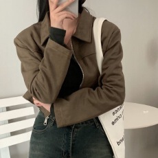 批发~韩系简约百搭皮绒<b class='q'>外套女</b>秋新款<b class='q'>短</b>上衣设计感小众夹克