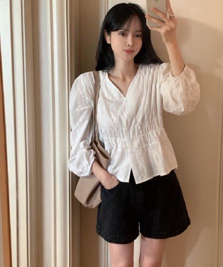 chic 한국 스타일 자카드 V넥 긴팔 허리 수축 셔츠
