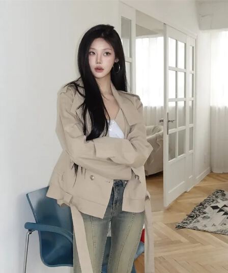 chic 한국 스타일 이중 버튼 바람막이 쇼트 스타일 재킷