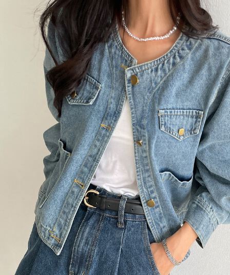 선물 화물 한국 chic 가을 겨울 연령 감소 미니멀리즘 라운드 넥 주머니 워싱 데님 재킷 품격 여성 코트