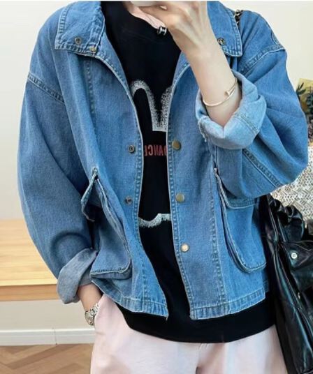 한국 동대문 여성 의류 가을 새로운 출퇴근 캐주얼 루즈핏 부드럽다 3 차원 주머니 데님 재킷
