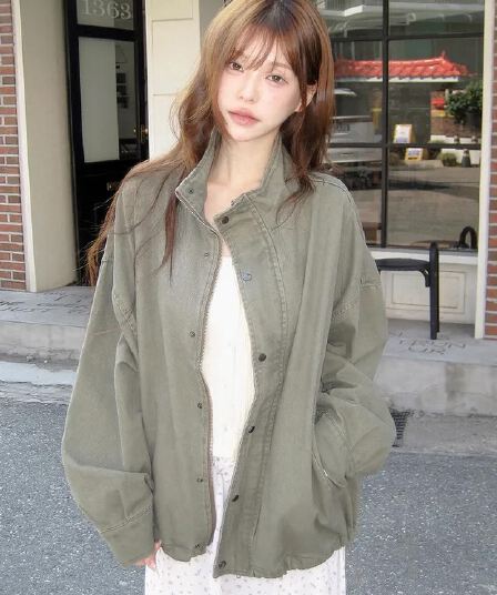 재고 있음 chic 가을 루즈핏 가을 어깨 펌프 로프 레트로 마 오래된 스탠드 칼라 워크웨어 재킷