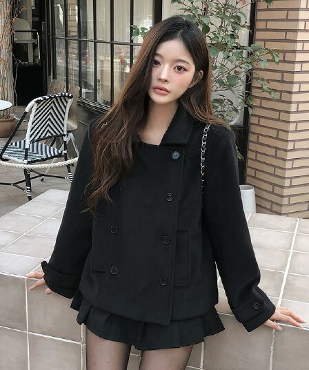 재고 있음 한 부서 가을 겨울 새로운 레트로 다용도 학원 스타일 폴로 칼라 이중 버튼 솜을 넣은 짧은 머리 여성 코트