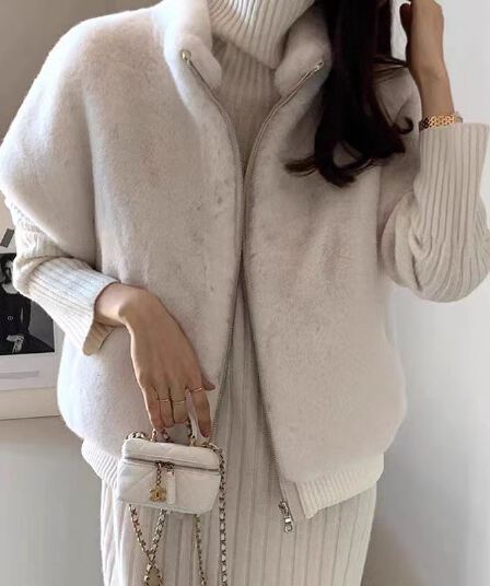한국 chic 스탠드 칼라 지퍼 루즈핏 모피 베스트 여성 코트