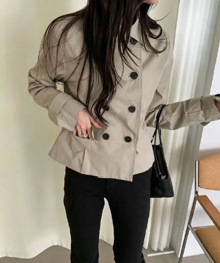 긴팔 몸매 가꾸기 슬림해 보이는 바람막이 이중 버튼 한국 스타일 폴로 칼라 가을 여성 의류 쇼트 스타일 맨위