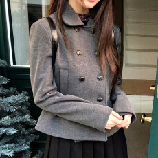 批发学院风双排扣纯色<b class='q'>百搭</b>毛呢外套女秋冬季拼接压褶收腰显瘦呢子西服