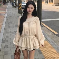 批发chic 韩系法式甜美温柔圆领收褶抽绳收腰小个子长袖短裙<b class='q'>连衣裙</b>
