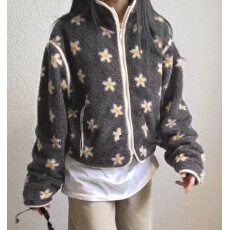 批发有货 韩国chic复古小花朵羊羔毛拉链棉服短<b class='q'>外套</b>