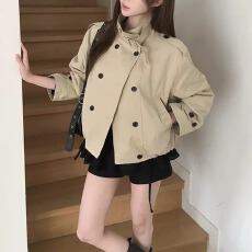 批发2026新款chic 韩版复古<b class='q'>英伦</b><b class='q'>风</b>双排扣短款百搭夹克<b class='q'>风</b>衣外套