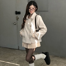 批发已出货 韩系秋冬新款复古百搭学院风翻领双排扣夹棉毛呢短外套女