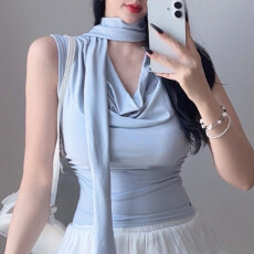 批发韩国东大门-纯欲超好看~性感女人味飘带修身无袖<b class='q'>T</b><b class='q'>恤</b>上衣
