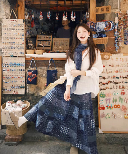 운남 달리 추안 웨스트 신강 여행 착용 가져 가라. 작은 키 일본식 느긋한 바람 세트 프린트 반신 스커트 여성 봄 여름