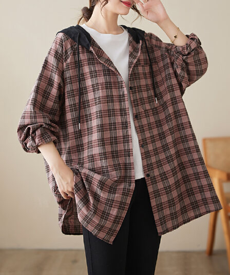 문예 레트로 항구 바람 후드 순면 격자 무늬 셔츠 재킷 가을 여성 새로운 루즈핏 캐주얼 중간 길이 맨위
