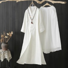 批发禅服女春秋改良旗袍<b class='q'>中国风</b>文艺复古棉麻盘扣年轻款茶服连衣裙套装