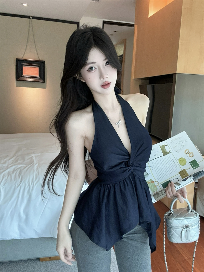 2026 새로운 한국 스타일 V넥 품격 행침 목 맨위 데님 디자인 센스 슬림해 보이는 핫걸 튜브탑 외국 가스 조끼