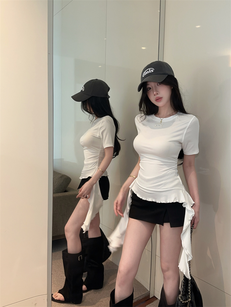 2026 새로운 한 부서 프릴 리본 디자인 센스 반팔 티셔츠 미니멀리즘 작은 대중 몸매 가꾸기 다용도 달콤함 맨위