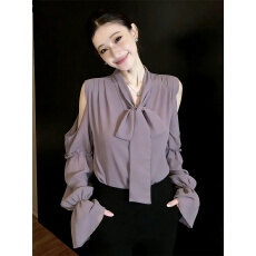 批发2026新款高档轻奢露肩设计感飘带泡泡袖性感透肉洋气百搭女衬衣