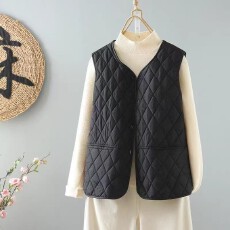 批发秋冬新款文艺大码圆领纯色简约宽松显瘦内搭夹棉马甲百搭保暖外套