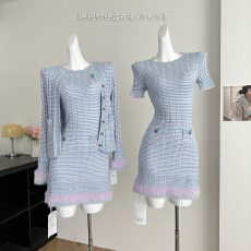 批发早安樊樊jennie蓝花楹温柔毛感拼接针织<b class='q'>连衣裙</b>+开衫外套女秋