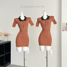 批发Chil巧儿l【元英美学】yb版千金感<b class='q'>翻领</b>撞色掐腰针织<b class='q'>连衣裙</b>包臀裙