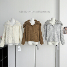 黛西 韩女千金 大翻领毛衣针织衫女海军领短款外套25新带毛毛领