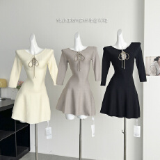 批发FAY <b class='q'>松</b>间布月 秋冬七分袖裹身针织收腰纯欲设计绑带性感A摆连衣裙