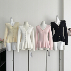 批发Lazy Didi小蛮腰 蕾丝收腰小<b class='q'>裙摆</b>毛衣软糯V领针织打底衫秋冬内搭