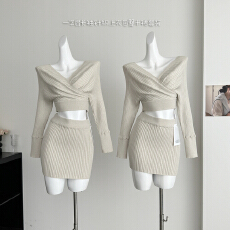 批发Chill巧儿娇<b class='q'>甜美</b>奈子韩感v领一字肩长袖针织上衣包臀半裙套装