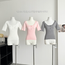 批发JMSHOP 初恋秀智 纽扣U领针织衫女春修身百搭套头打底<b class='q'>中袖</b>上衣