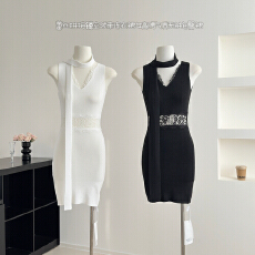 批发CCZEE【温妮小姐】蕾丝拼接镂空领带连衣裙女高腰气质无袖包臀裙