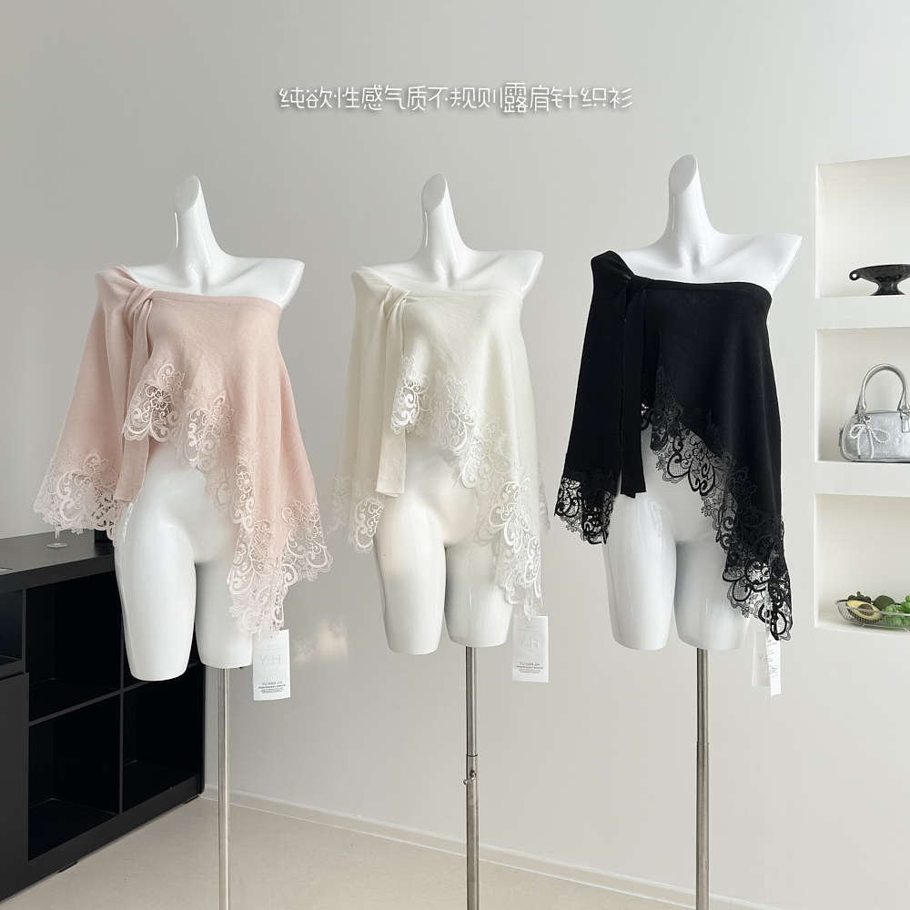 okmashop 화이트 복숭아 천 새싹 오프숄더 맨위 여성 봄 디자인 센스 레이스 순수한 욕망 섹시함 오프숄더 니트 스웨터