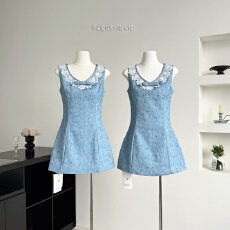 批发Q女家 花颂收藏家/早春装千金牛仔<b class='q'>背心裙</b><b class='q'>蕾丝</b>打底蓝色连衣裙