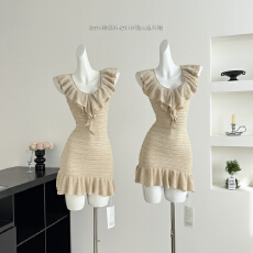 批发Eva君君酱法式v领荷叶边针织背心连衣裙女气质显瘦<b class='q'>甜美</b>包臀短裙韩