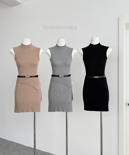 farte shop 모니카 회색 민소매 털 짠 셔츠 반 스커트 세트 여성 여름 몸매 가꾸기 투피스 세트