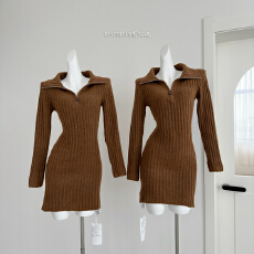 批发Cher 巧儿Vintage Polo长袖连衣裙秋<b class='q'>冬</b>羊毛针织辣妹包臀短裙
