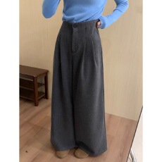 批发深灰色毛呢<b class='q'>西装</b>休闲裤女秋冬新款加绒显瘦宽松气质百搭阔腿裤高腰