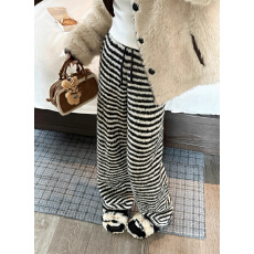 批发松弛感撞色条纹阔腿裤女秋<b class='q'>冬</b>新款软糯复古百搭拖地高腰休