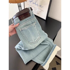 批发港风宽松浅蓝色加绒秋冬高腰垂感显瘦阔腿加厚直筒