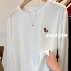 批发刺绣小红马薄款雪花棉百搭宽松白色<b class='q'>长袖</b><b class='q'>T</b><b class='q'>恤</b>打底衫女上衣