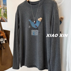 批发超好看内搭te~立体毛线帽海豚印花拉绒<b class='q'>长袖</b><b class='q'>T</b><b class='q'>恤</b>女宽松休闲打底上衣